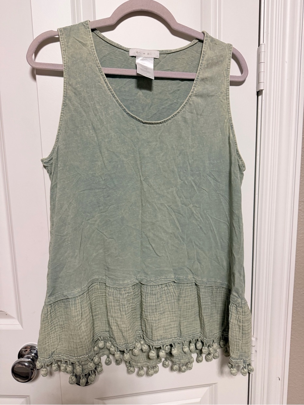 eri + ali Anthropologie Sage Green Pom Pom Trim Tank Top Size L